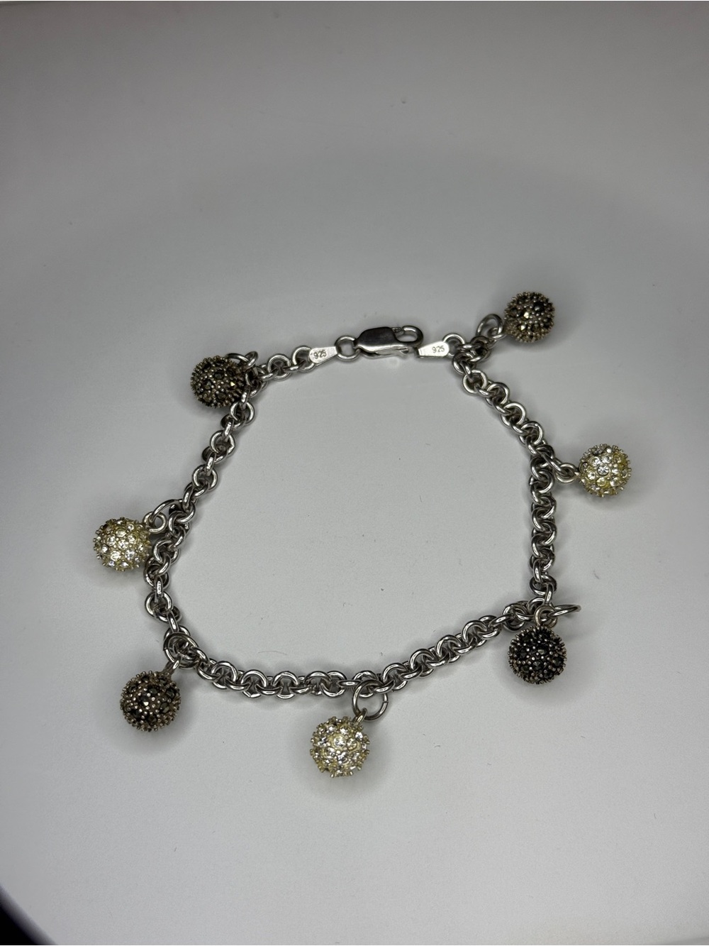Sterling Silver Crystal Pave Charm Bracelet - Gold & Black Spheres